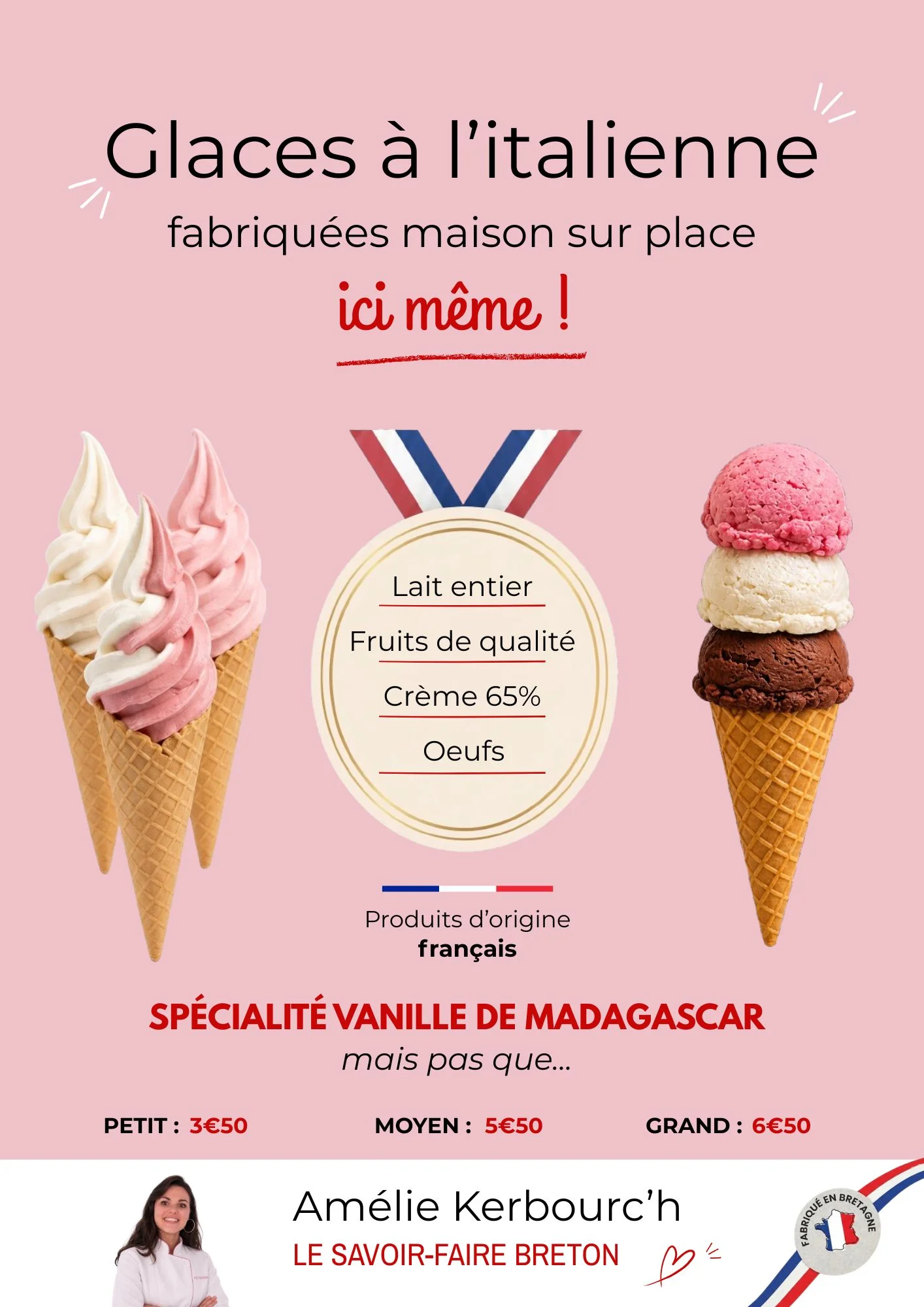 Affiche Amélie Kerbourc'h, glaces artisanales à Concarneau, design LUMINIA