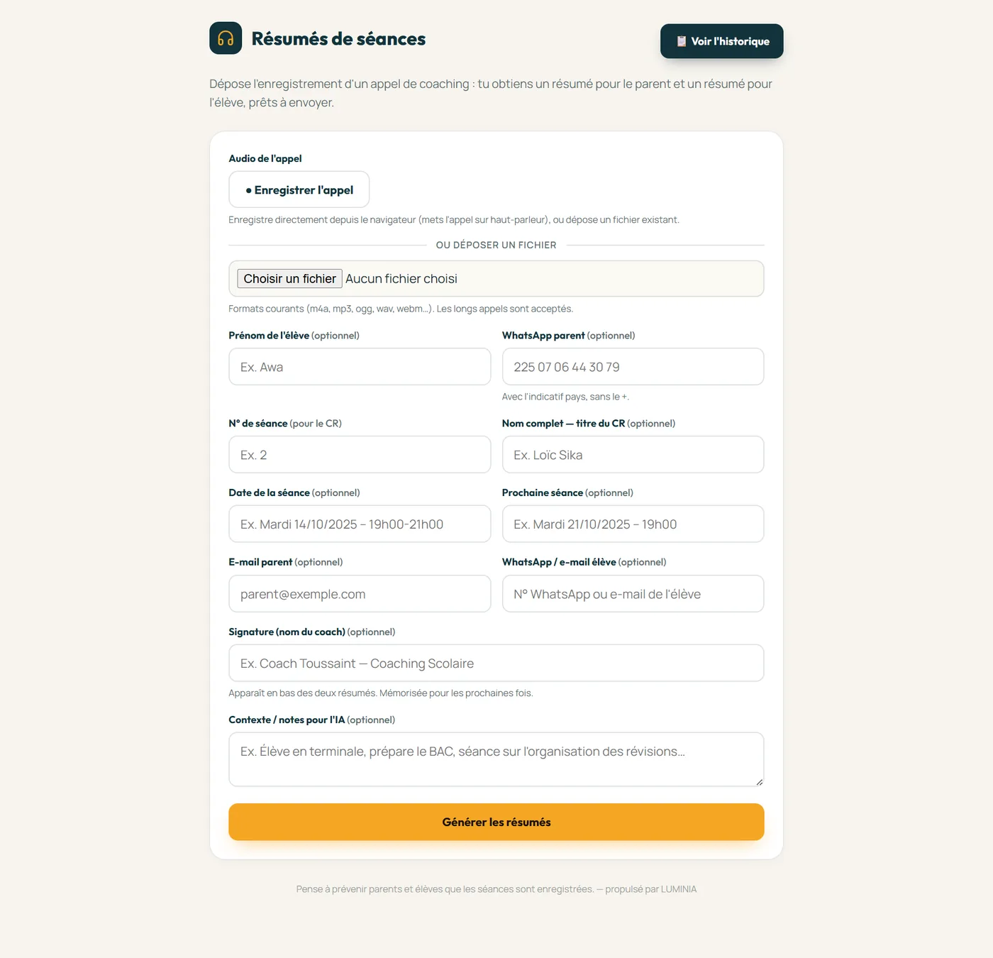 Outil d'automatisation Helyps : chaque appel de coaching devient deux comptes-rendus prêts à envoyer, réalisé par LUMINIA